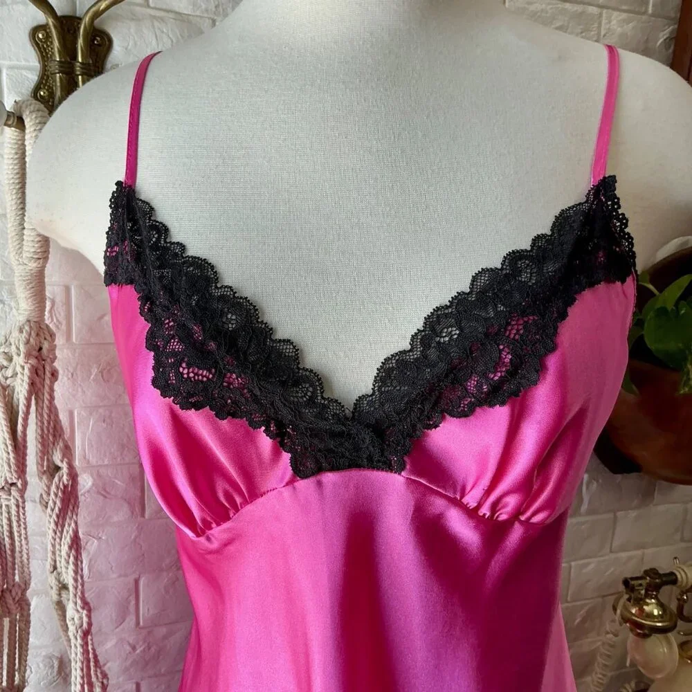Vintage Linea Donatella Hot Pink Black Lace Satin Mini Slip Dress - Picture 4 of 11